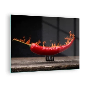 Tablou pe sticlă - Ardei iute roșu aprins pe fundal negru - 70x50cm - O gustare înflăcărată - Decorațiune modernă pentru perete pentru living și dormitor ARTTOR