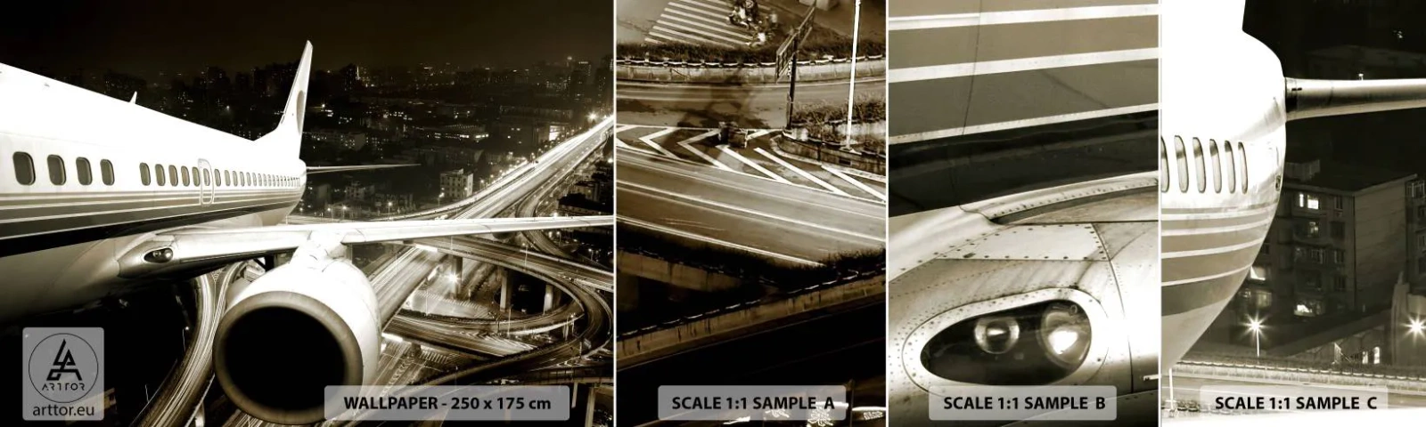 Mostră de Tapet Standard Eco - Zbor în noapte - Avion, Oraș, Automobile - 100x30 cm