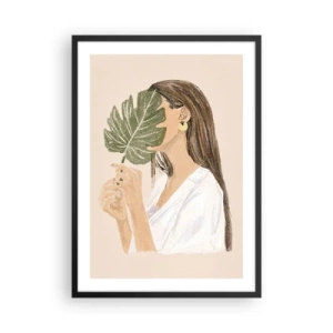 Poster în ramă neagră - O femeie care își acoperă fața cu o frunză de monstera. - 50x70cm - Portret misterios cu un evantai - Decorațiune modernă pentru perete pentru living și dormitor ARTTOR