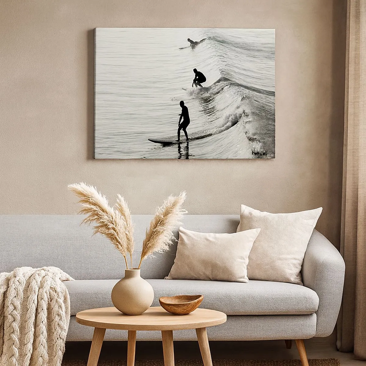 Tablou pe pânză Canvas - Surferi pe valuri într-o fotografie monocromă - 70x50cm - Pentru a întâmpina valul - Decorațiune modernă pentru perete pentru living și dormitor ARTTOR