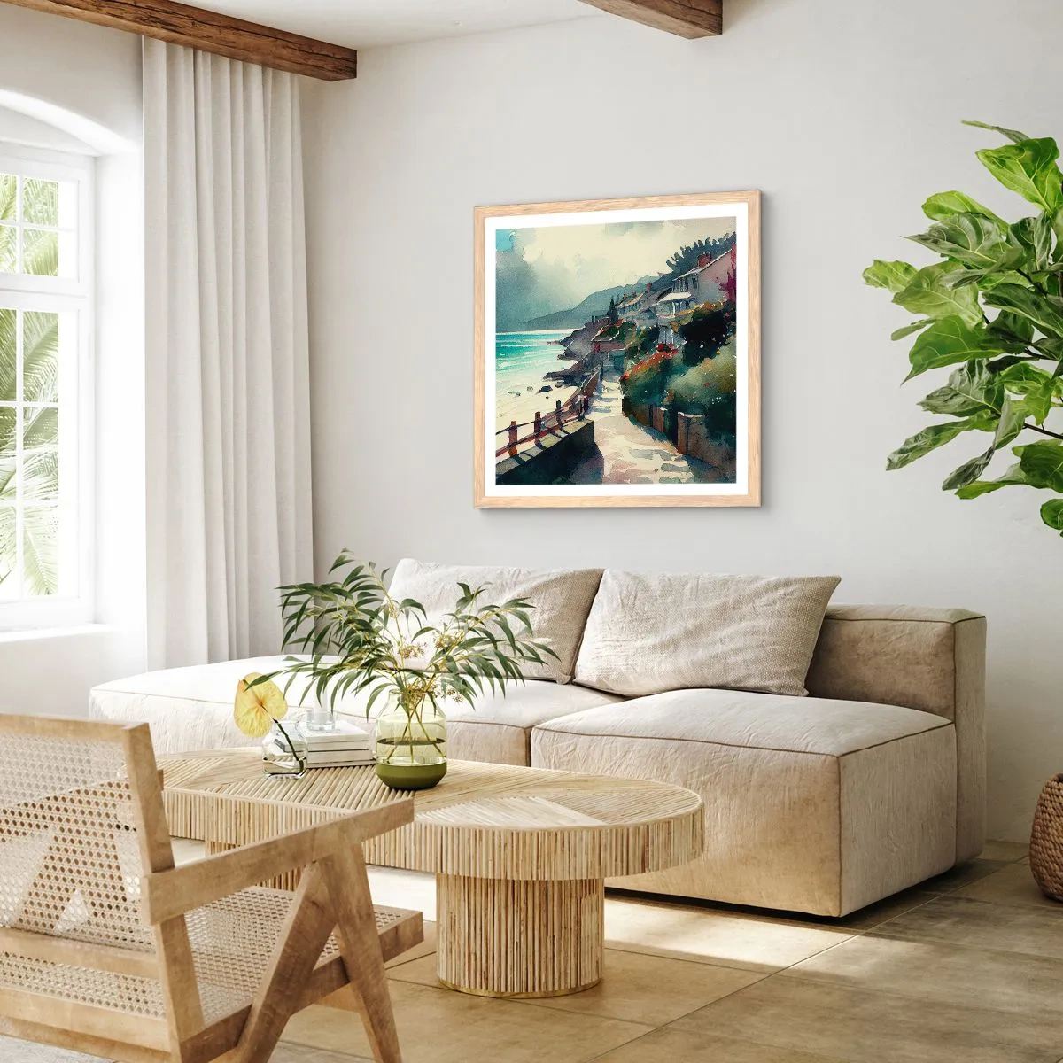 Poster în ramă de stejar deschis - Orășel mediteraneean - 40x40 cm