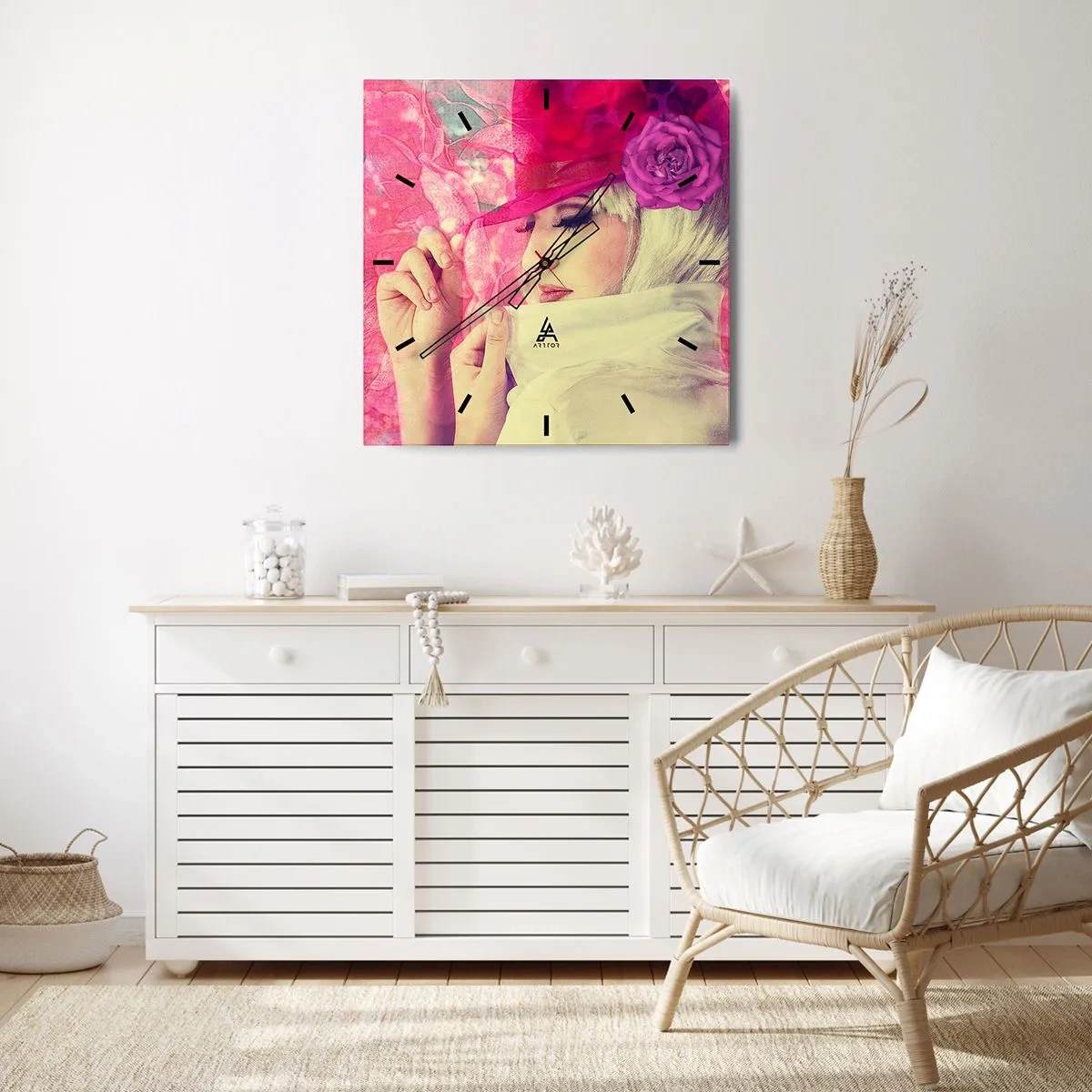 Ceas de perete - Ceas pe sticlă - Portret retro în roz - 40x40 cm