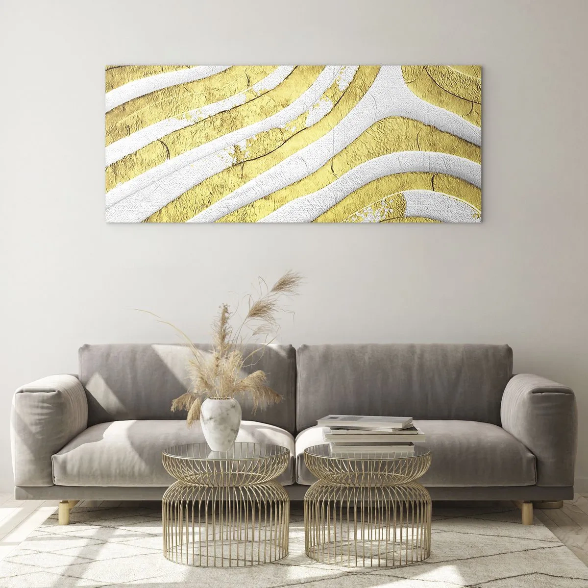 Tablou pe sticlă - Compoziția în alb și auriu - 90x30 cm