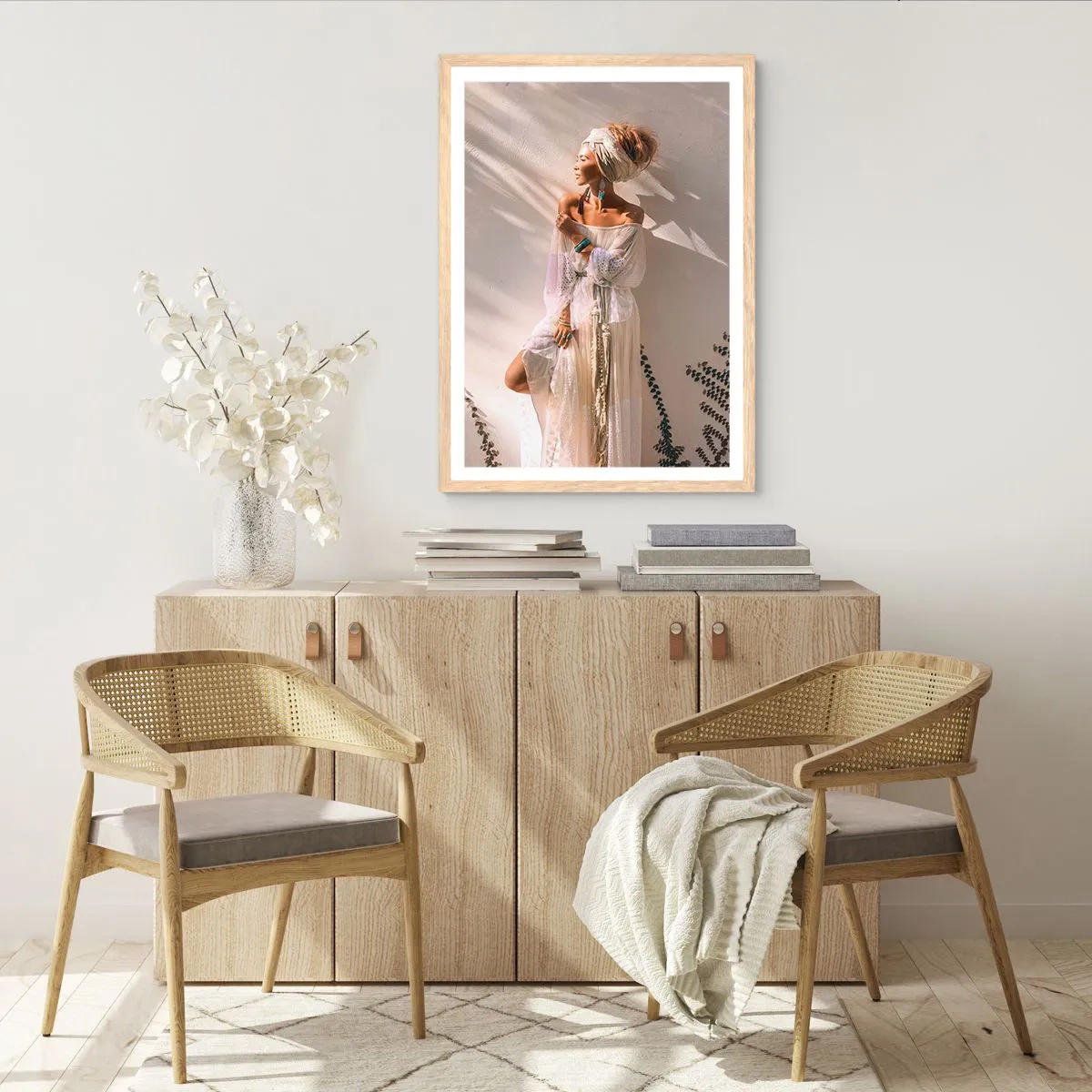 Poster în ramă de stejar deschis - Soarele și fata - 30x40 cm