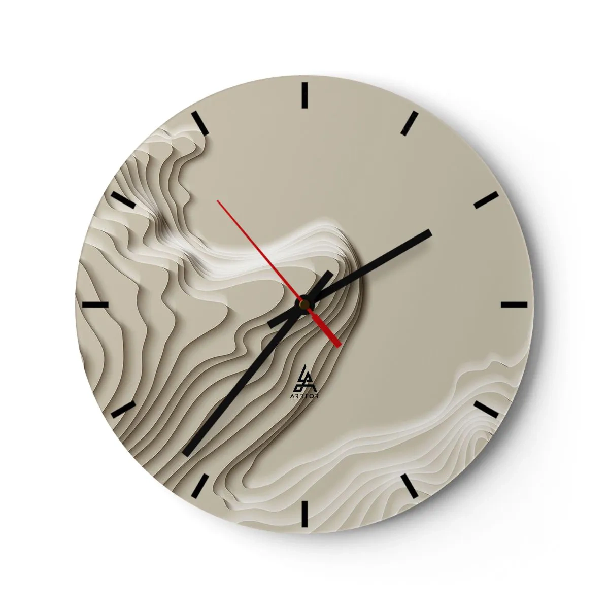 Ceas de perete - Ceas pe sticlă - Model topografic abstract în culori bej - 30x30cm - Topografia artei - Decorațiune modernă pentru perete pentru living, bucătărie și dormitor ARTTOR