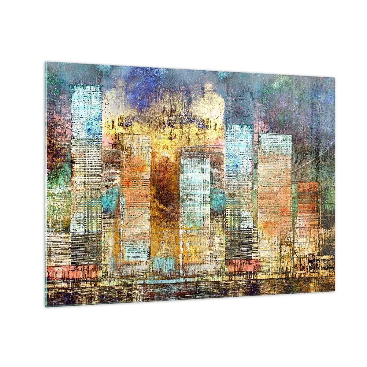 Tablou pe sticlă - Panoramă abstractă colorată a zgârie-norilor orașului într-un stil artistic - 70x50cm - Metropola însorită - Decorațiune modernă pentru perete pentru living și dormitor ARTTOR
