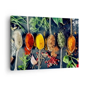 Tablou pe pânză Canvas - Condimente colorate pe linguri cu ierburi în fundal - 70x50cm - Magie culinară - Decorațiune modernă pentru perete pentru living și dormitor ARTTOR