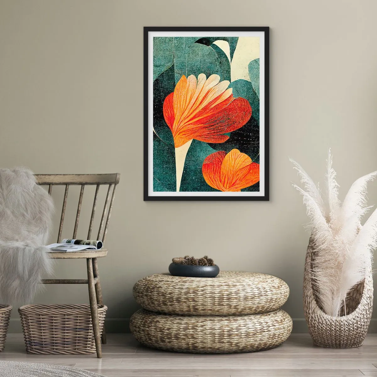 Poster în ramă neagră - Flori abstracte în nuanțe de portocaliu și verde - 50x70cm - Căldura de la tropice și răcoarea verdeței - Decorațiune modernă pentru perete pentru living și dormitor ARTTOR