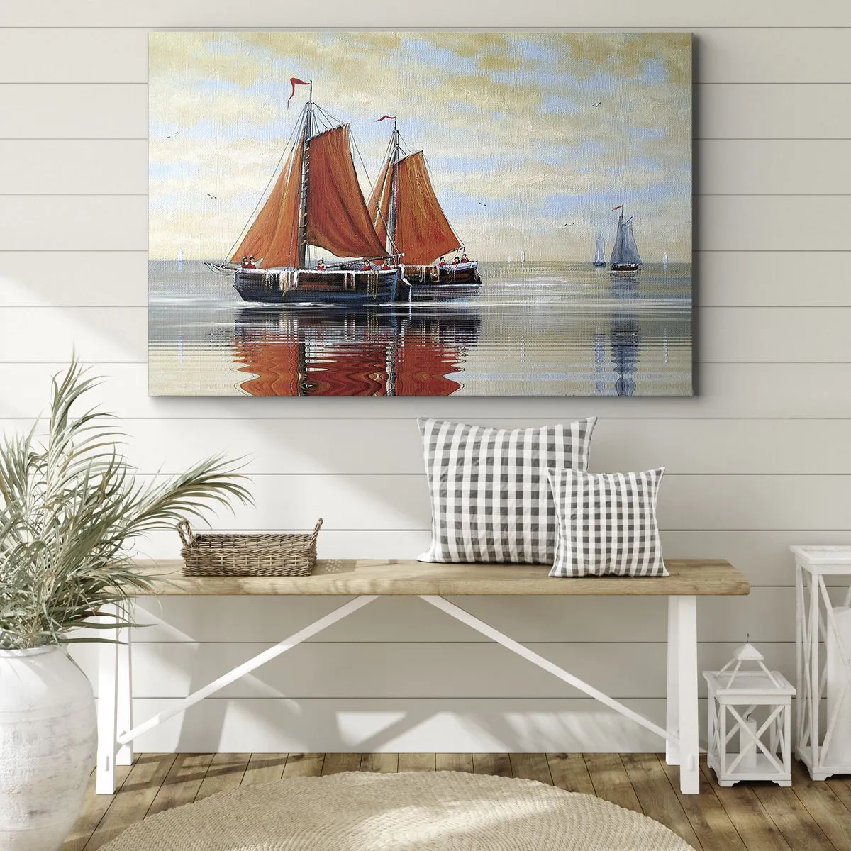 Tablou pe pânză Canvas - Barci cu pânze cu două catarge în ape calme - 70x50cm - Hei, marinarule, navighează... - Decorațiune modernă pentru perete pentru living și dormitor ARTTOR