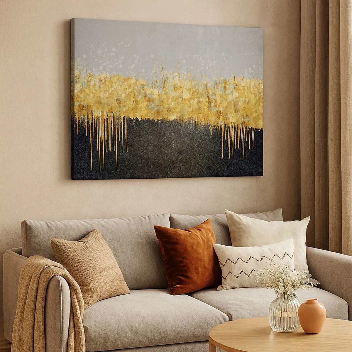 Tablou pe pânză Canvas - Compoziție abstractă în nuanțe de auriu și negru - 70x50cm - Înăuntru și în sus - Decorațiune modernă pentru perete pentru living și dormitor ARTTOR