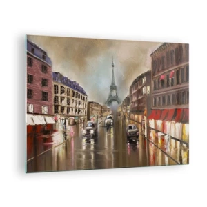 Tablou pe sticlă - Stradă de seară din Paris cu vedere la Turnul Eiffel - 70x50cm - Singurul lucru care contează este ea - Decorațiune modernă pentru perete pentru living și dormitor ARTTOR