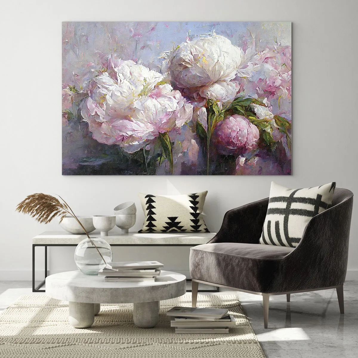 Tablou pe sticlă - Pictură în ulei cu bujori albi și roz înfloriți - 70x50cm - Un buchet plin de viață - Decorațiune modernă pentru perete pentru living și dormitor ARTTOR