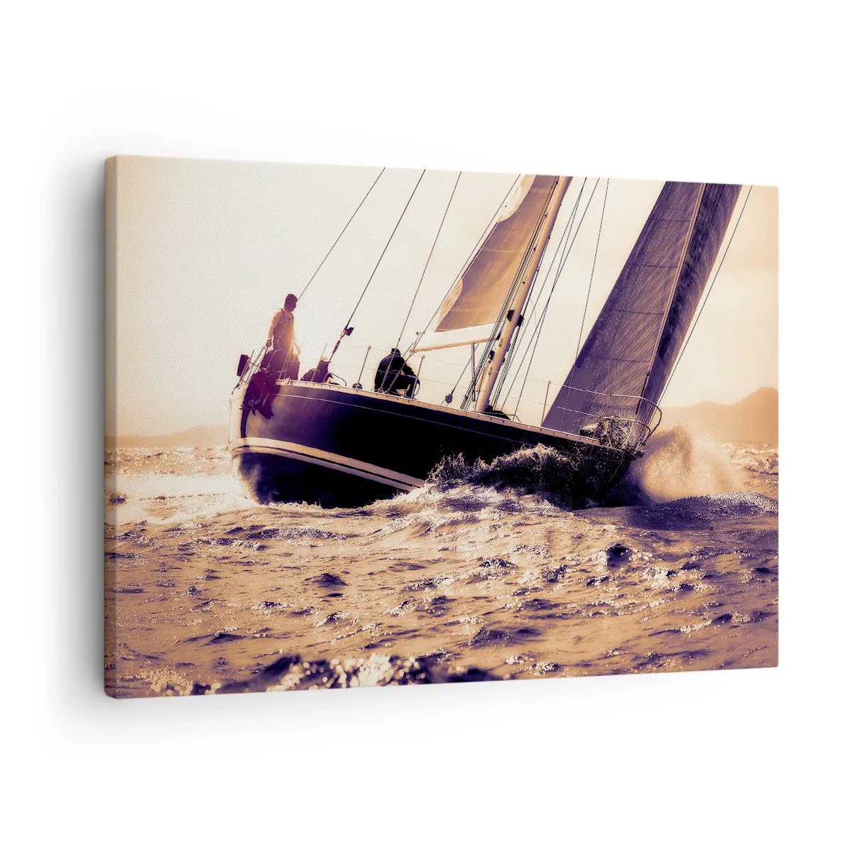 Tablou pe pânză Canvas - Un iaht pe o mare furtunoasă în lumina soarelui care apune - 70x50cm - Pânzele sunt gata - Decorațiune modernă pentru perete pentru living și dormitor ARTTOR