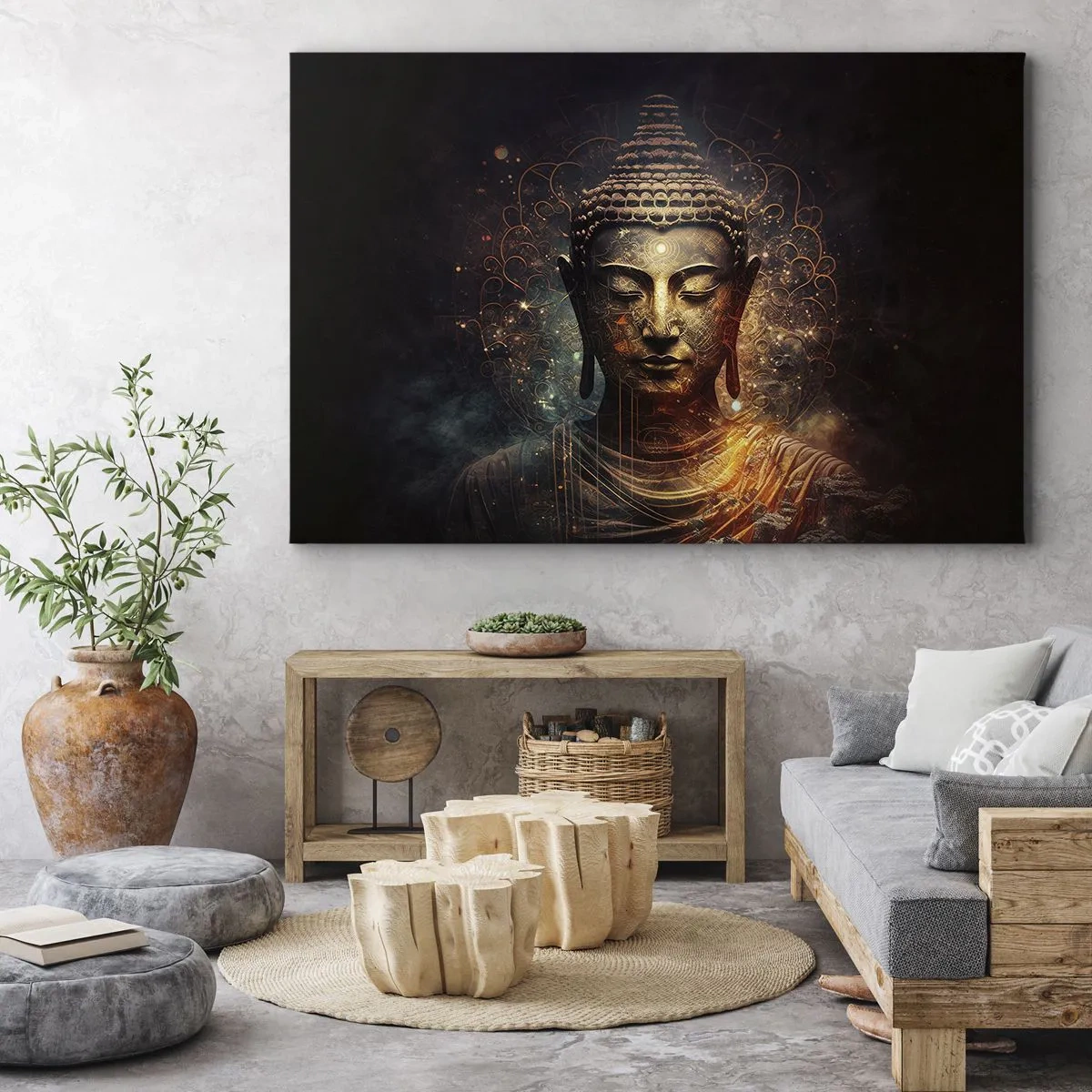 Tablou pe pânză Canvas - Buddha de aur pe un fundal întunecat cu ornamente - 70x50cm - Echilibru spiritual - Decorațiune modernă pentru perete pentru living și dormitor ARTTOR