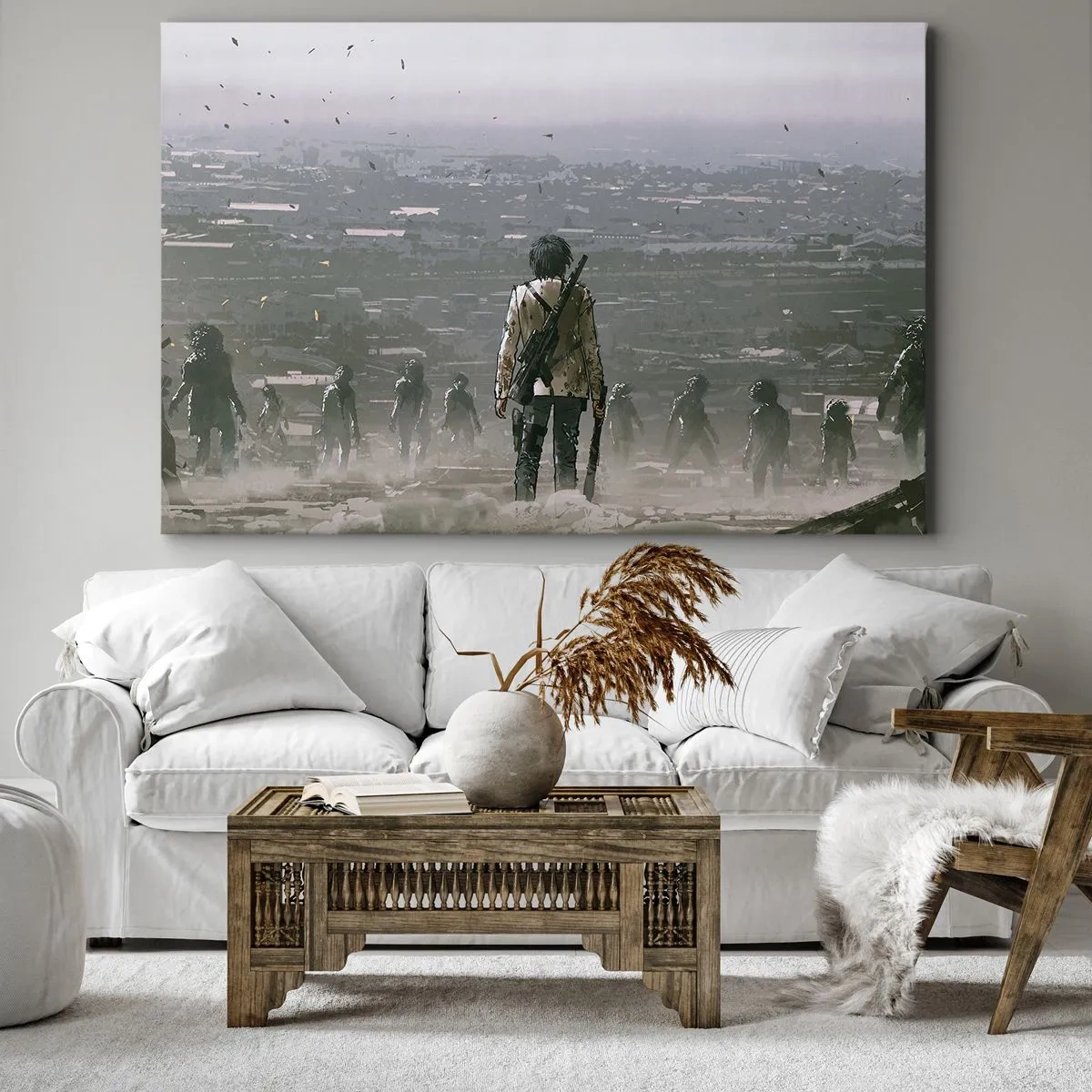Tablou pe pânză Canvas - O figură cu o armă stă în fața unui grup într-un peisaj distopic. - 70x50cm - Ultimul om în picioare? - Decorațiune modernă pentru perete pentru living și dormitor ARTTOR