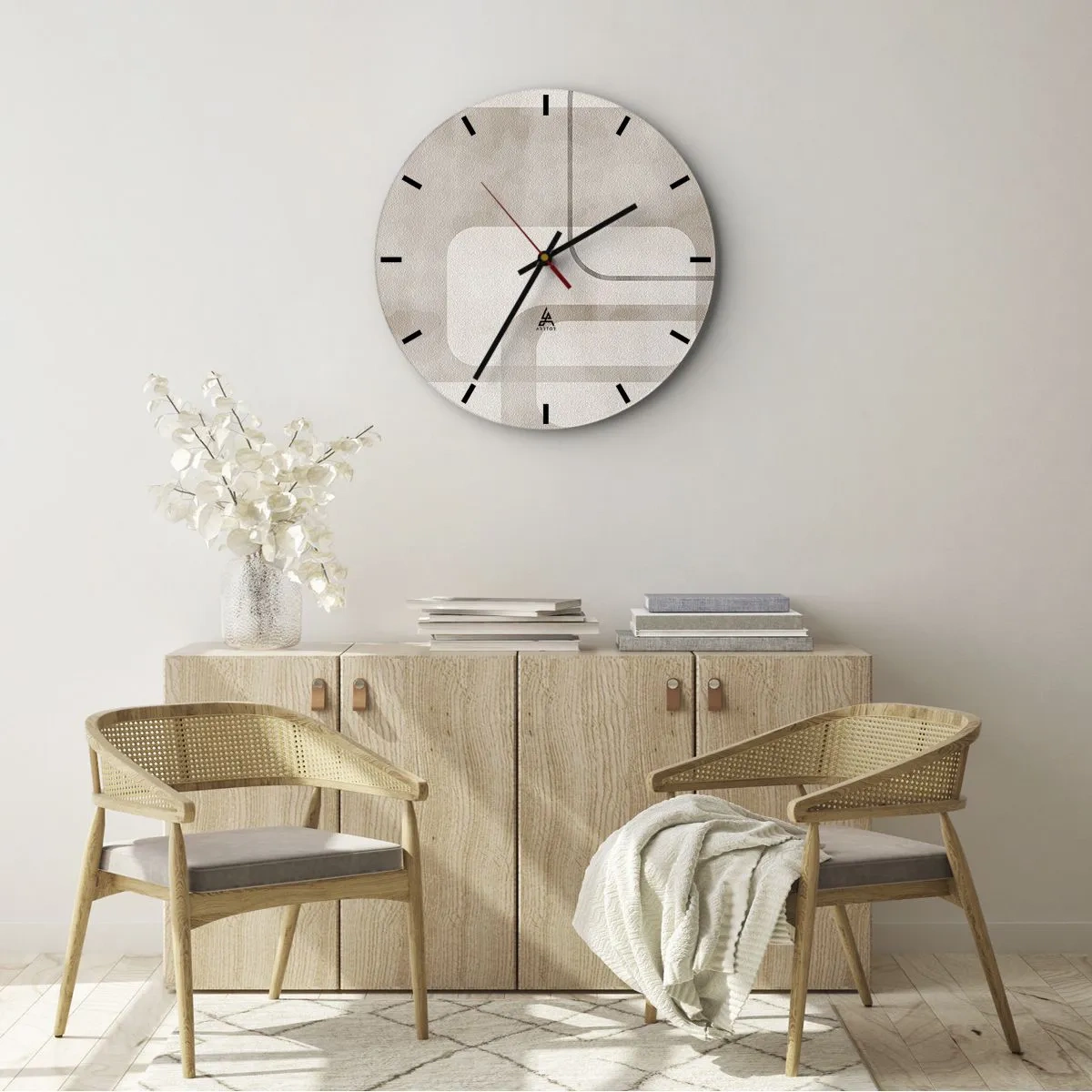 Ceas de perete - Ceas pe sticlă - Un model geometric minimalist în nuanțe de bej - 30x30cm - Fuga geometrică - Decorațiune modernă pentru perete pentru living, bucătărie și dormitor ARTTOR