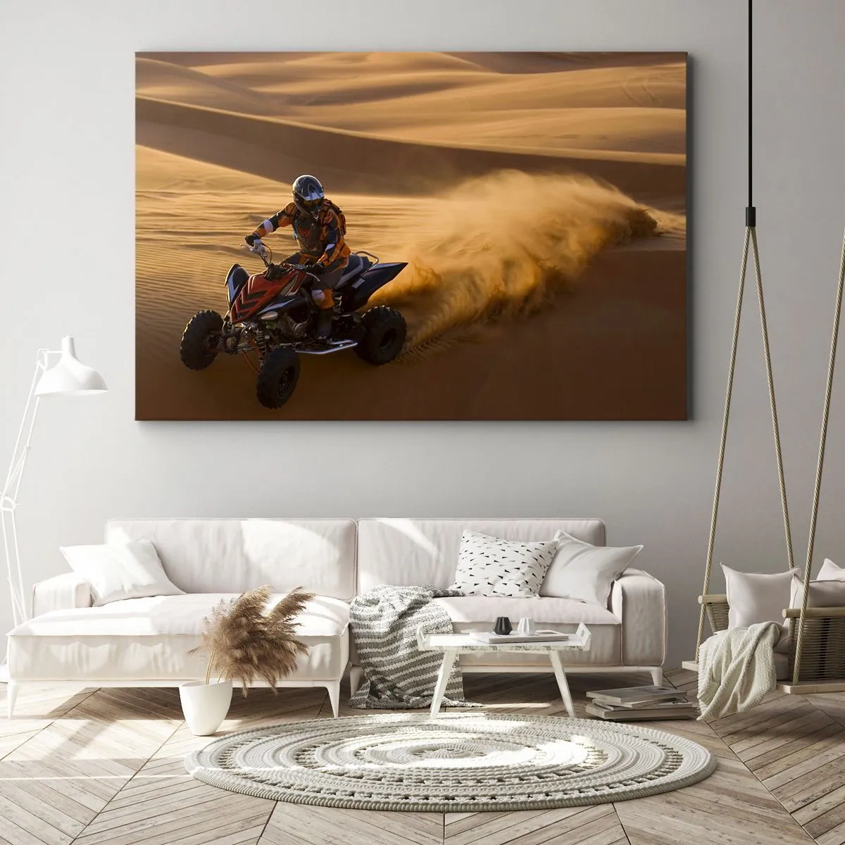 Tablou pe pânză Canvas - Un motociclist pe un ATV care gonește peste dunele de nisip din deșert - 70x50cm - Pe valuri de nisip - Decorațiune modernă pentru perete pentru living și dormitor ARTTOR