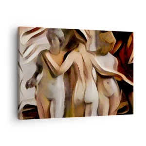 Tablou pe pânză Canvas - O scenă abstractă cu trei figuri în culori calde. - 70x50cm - Trei Grații 2.0 - Decorațiune modernă pentru perete pentru living și dormitor ARTTOR
