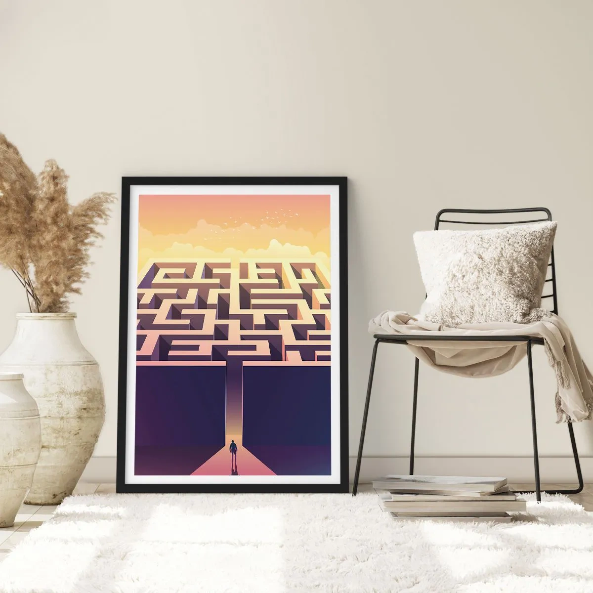 Poster în ramă neagră - Un labirint simbolic în lumină aurie - 50x70cm - Momentul deciziei - Decorațiune modernă pentru perete pentru living și dormitor ARTTOR
