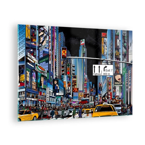 Tablou pe sticlă - O stradă aglomerată cu taxiuri galbene și reclame luminoase - 70x50cm - O noapte mare și comică - Decorațiune modernă pentru perete pentru living și dormitor ARTTOR
