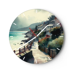 Ceas de perete - Ceas pe sticlă - O potecă de coastă care trece printre clădiri mediteraneene cu vedere la mare - 30x30cm - Orășel mediteraneean - Decorațiune modernă pentru perete pentru living, bucătărie și dormitor ARTTOR