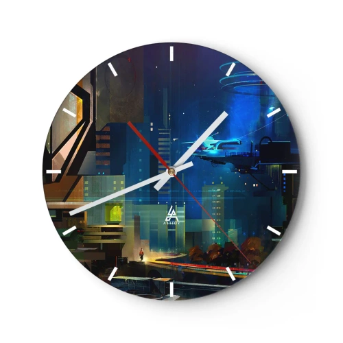 Ceas de perete - Ceas pe sticlă - Oraș futurist noaptea cu lumini neon și vehicule - 30x30cm - În viitorul apropiat - Decorațiune modernă pentru perete pentru living, bucătărie și dormitor ARTTOR