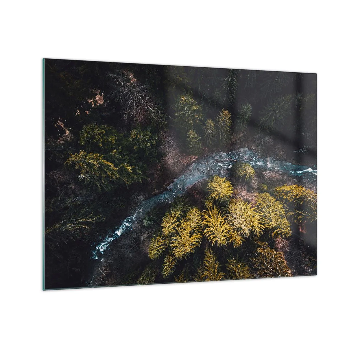 Tablou pe sticlă - O vedere de sus a unui peisaj forestier cu un pârâu șerpuitor - 70x50cm - Rapid și mai rapid - Decorațiune modernă pentru perete pentru living și dormitor ARTTOR