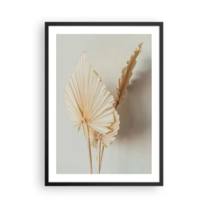 Poster în ramă neagră - Frunze de palmier uscate într-un aranjament minimalist pe un fundal deschis - 50x70cm - Când este nevoie de ușurare - Decorațiune modernă pentru perete pentru living și dormitor ARTTOR