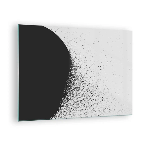Tablou pe sticlă - Abstracția unei mase negre care se destramă pe un fundal alb - 70x50cm - Mișcarea particulelor - Decorațiune modernă pentru perete pentru living și dormitor ARTTOR