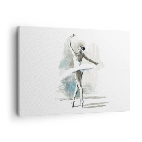 Tablou pe pânză Canvas - O dansatoare de balet într-o poză de balet pe un fundal cu tonuri delicate de acuarelă. - 70x50cm - Fermecată într-o lebădă - Decorațiune modernă pentru perete pentru living și dormitor ARTTOR