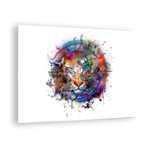 Tablou pe sticlă - Portret colorat al unui leu într-un stil artistic cu accente abstracte - 70x50cm - Ascunzându-se în spatele voalului curcubeu - Decorațiune modernă pentru perete pentru living și dormitor ARTTOR