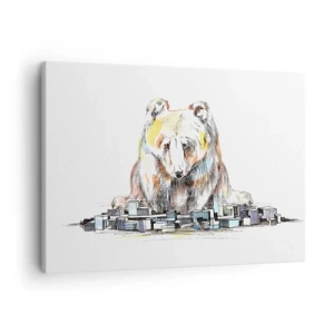 Tablou pe pânză Canvas - Ilustrație a unui urs cu detalii și blocuri colorate - 70x50cm - Cum poți trăi așa? - Decorațiune modernă pentru perete pentru living și dormitor ARTTOR