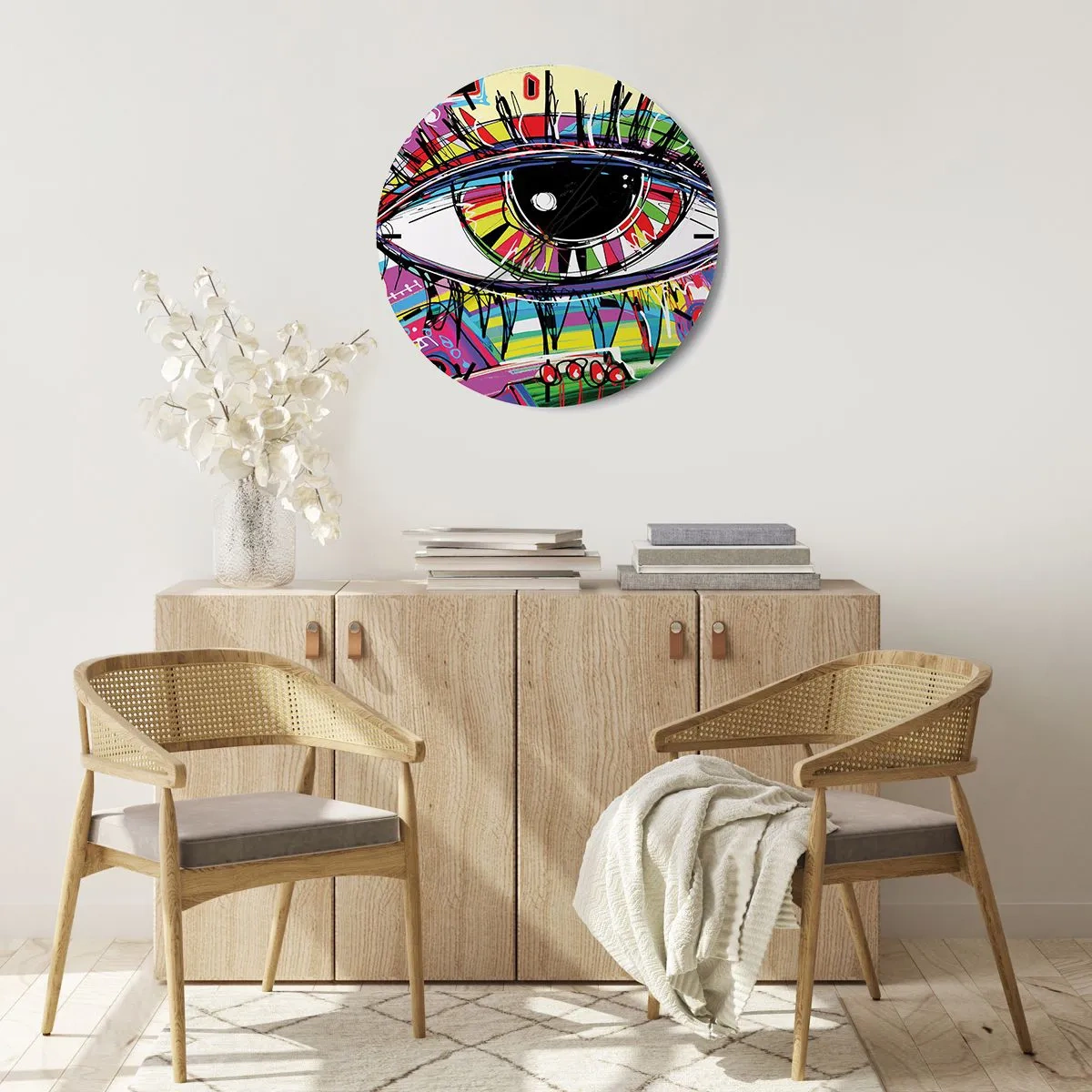 Ceas de perete - Ceas pe sticlă - Un ochi colorat - un suflet colorat - 30x30 cm