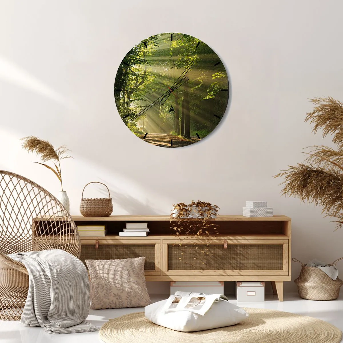 Ceas de perete - Ceas pe sticlă - Calea de pădure în razele soarelui de dimineață - 30x30cm - Moment de pădure - Decorațiune modernă pentru perete pentru living, bucătărie și dormitor ARTTOR