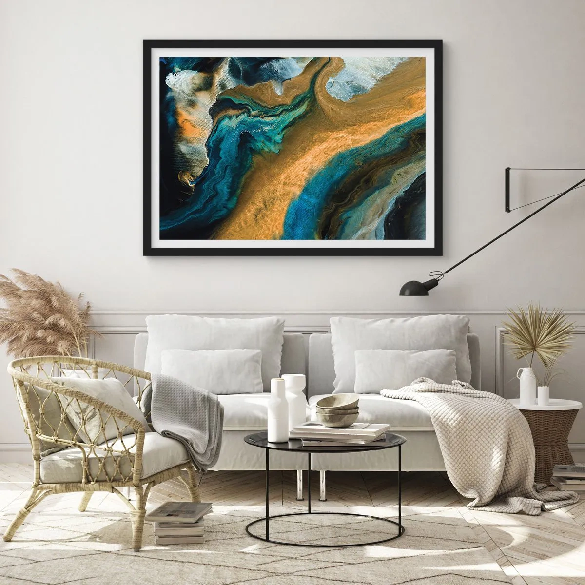 Poster în ramă neagră - Albastru - galben - influență reciprocă - 50x40 cm