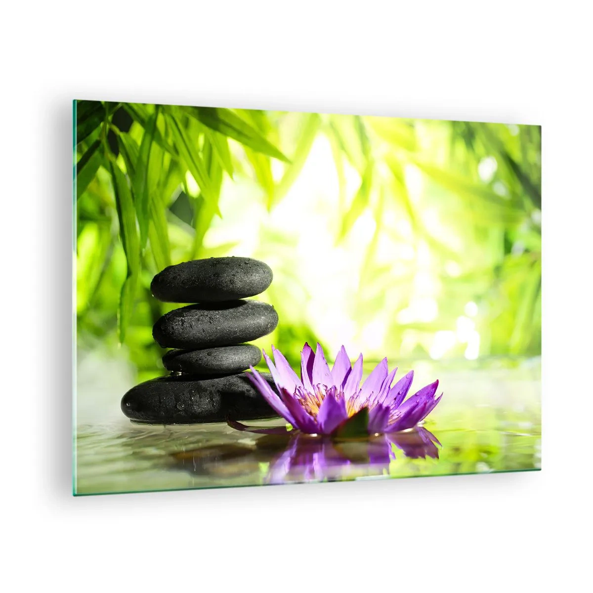 Tablou pe sticlă - Floare de lotus violet cu pietre zen pe fundal verde - 70x50cm - Într-o colibă de bambus - Decorațiune modernă pentru perete pentru living și dormitor ARTTOR