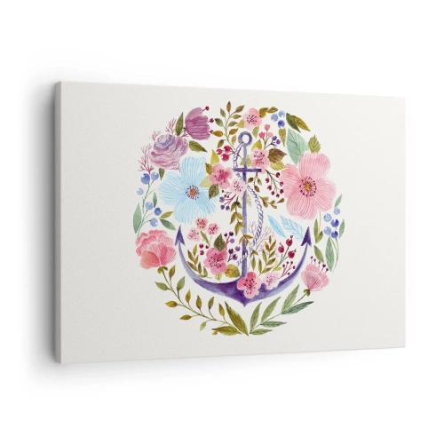 Tablou pe pânză Canvas - O ancoră înconjurată de flori în acuarelă pe un fundal deschis - 70x50cm - Somnul bun al marinarului - Decorațiune modernă pentru perete pentru living și dormitor ARTTOR