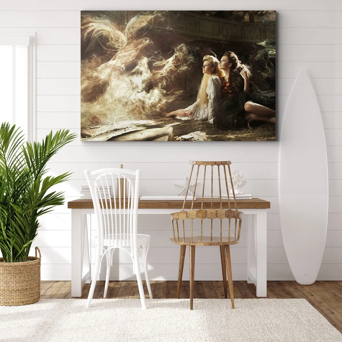 Tablou pe pânză Canvas - Două femei într-un decor magic cu efecte de iluminare eterice. - 70x50cm - Și poezia s-a născut - Decorațiune modernă pentru perete pentru living și dormitor ARTTOR