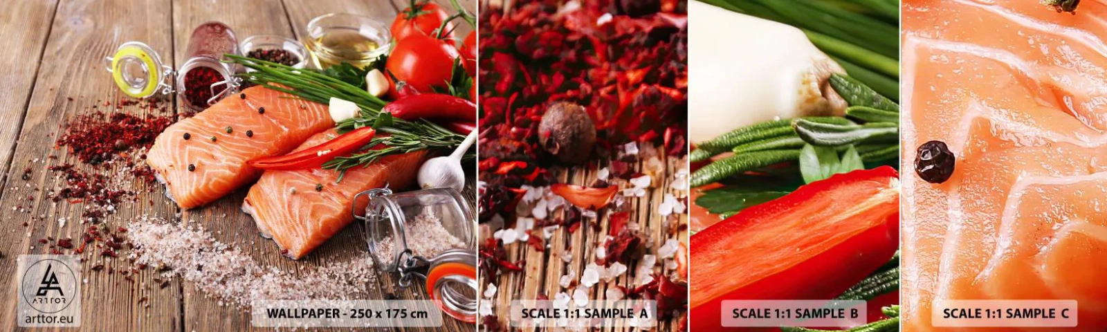 Mostră de Tapet Standard Eco - O aventură norvegiană în bucătărie - Gastronomie, Somon, Condimente - 100x30 cm