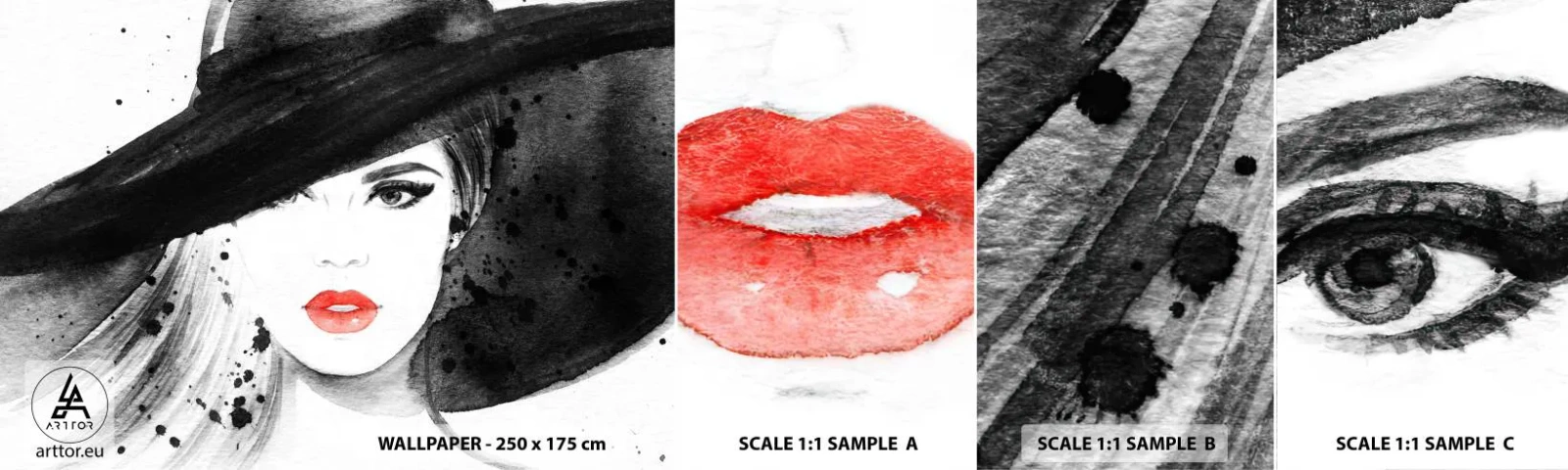 Mostră de Tapet Standard Eco - Doamna în negru - Femeie, Chipul de femeie, Portretul unei femei - 100x30 cm