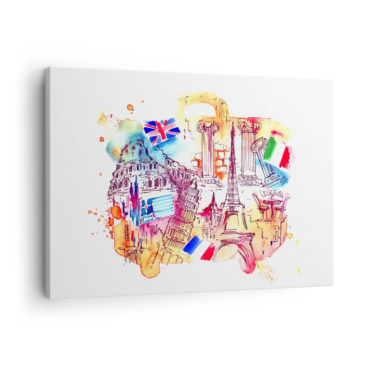 Tablou pe pânză Canvas - Acuarelă cu simboluri europene și steaguri de țară - 70x50cm - Turneu european - Decorațiune modernă pentru perete pentru living și dormitor ARTTOR