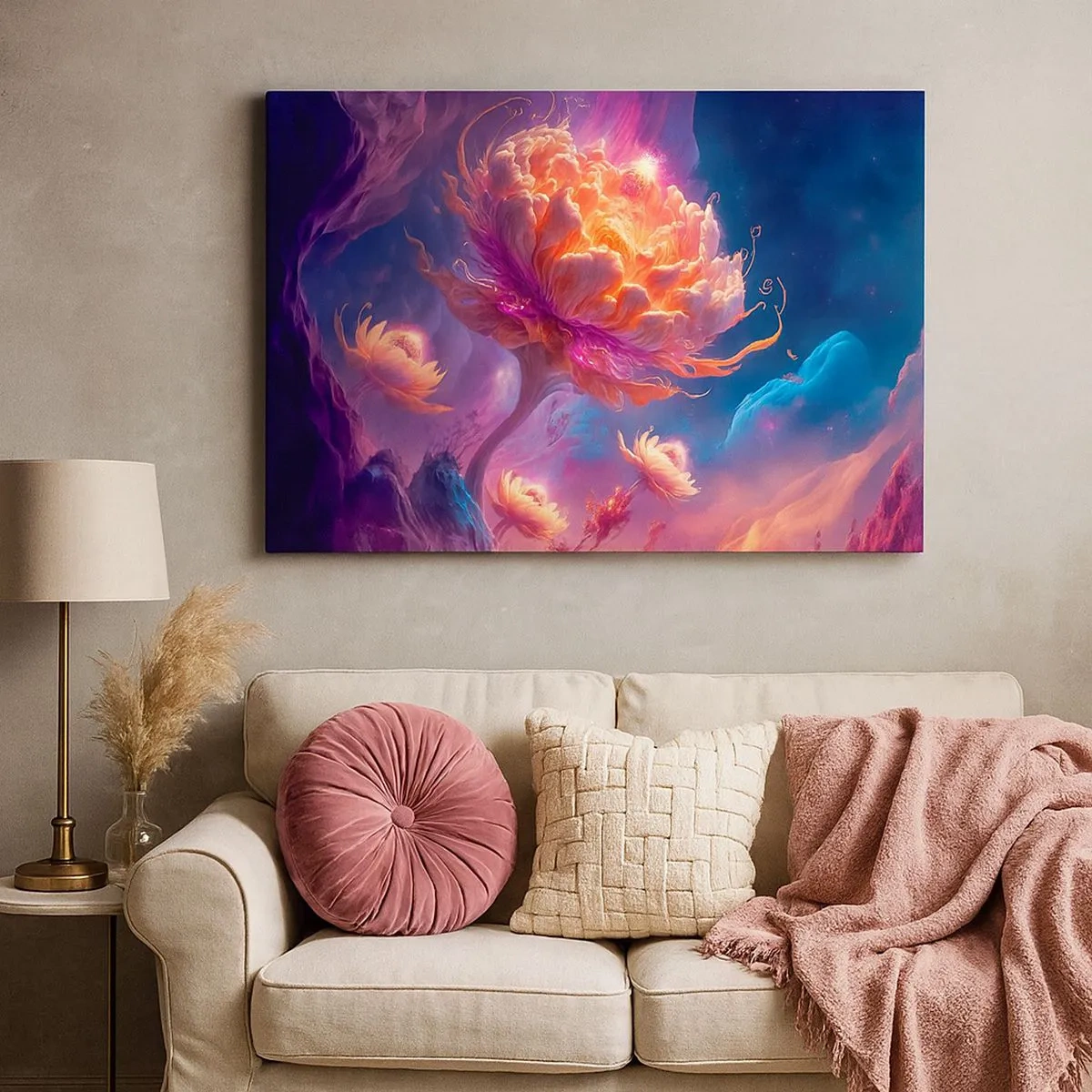 Tablou pe pânză Canvas - Flori fantastice într-un peisaj cosmic - 70x50cm - O altă lume - Decorațiune modernă pentru perete pentru living și dormitor ARTTOR