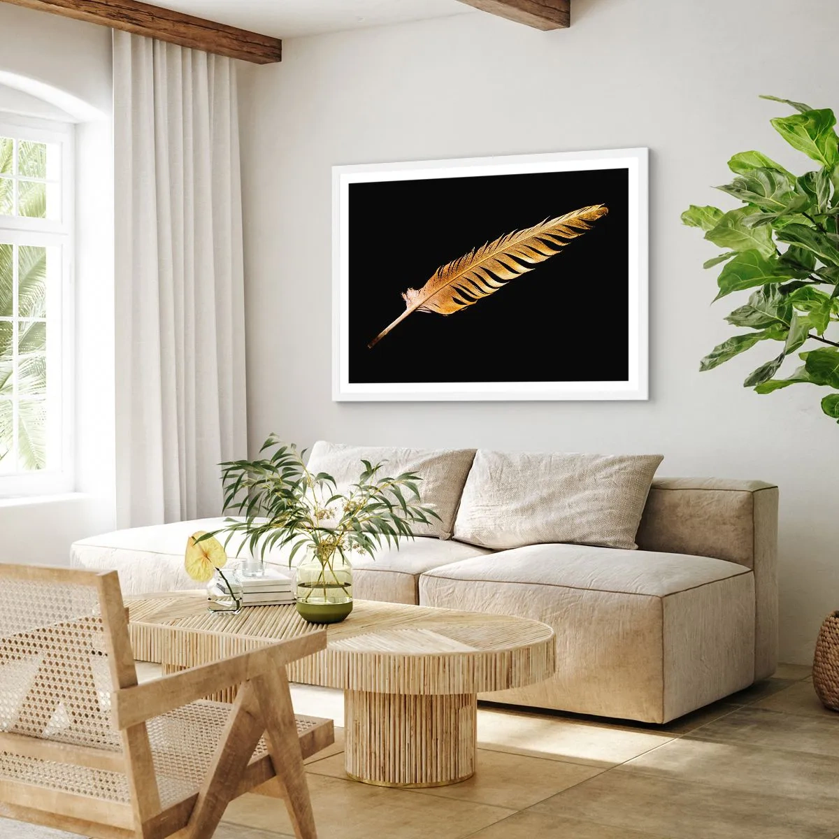 Poster în ramă albă - Pană aurie perfectă - 70x50 cm