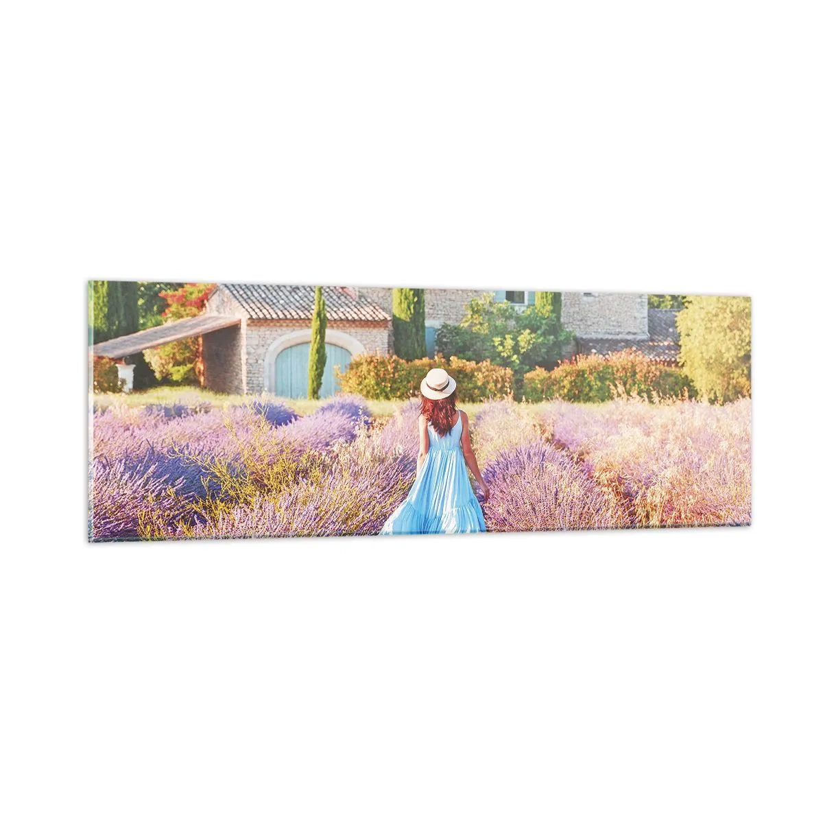 Tablou pe sticlă - Fata de lavandă - 90x30 cm