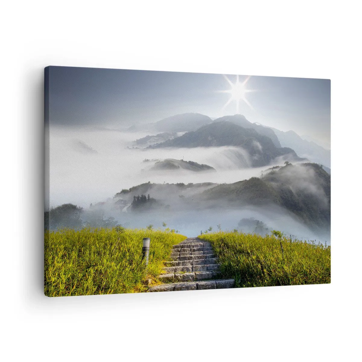 Tablou pe pânză Canvas - Scări de piatră care duc prin munții învăluiți în ceața dimineții - 70x50cm - Tot spre nori - Decorațiune modernă pentru perete pentru living și dormitor ARTTOR