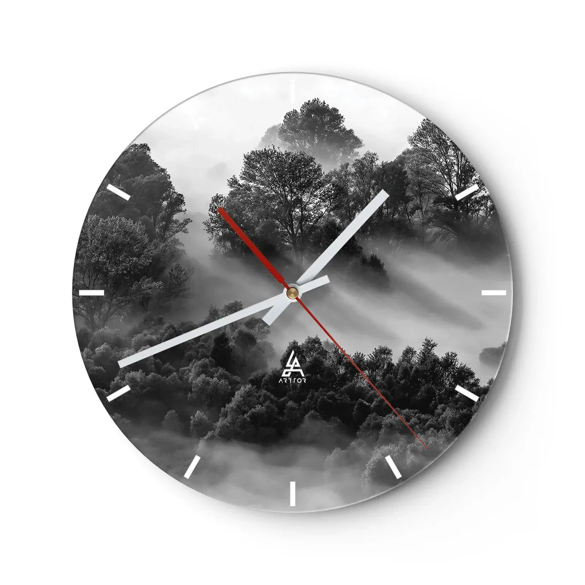 Ceas de perete - Ceas pe sticlă - Peisaj montan alb-negru cu ceață în pădure - 30x30cm - Trezindu-se din somn - Decorațiune modernă pentru perete pentru living, bucătărie și dormitor ARTTOR