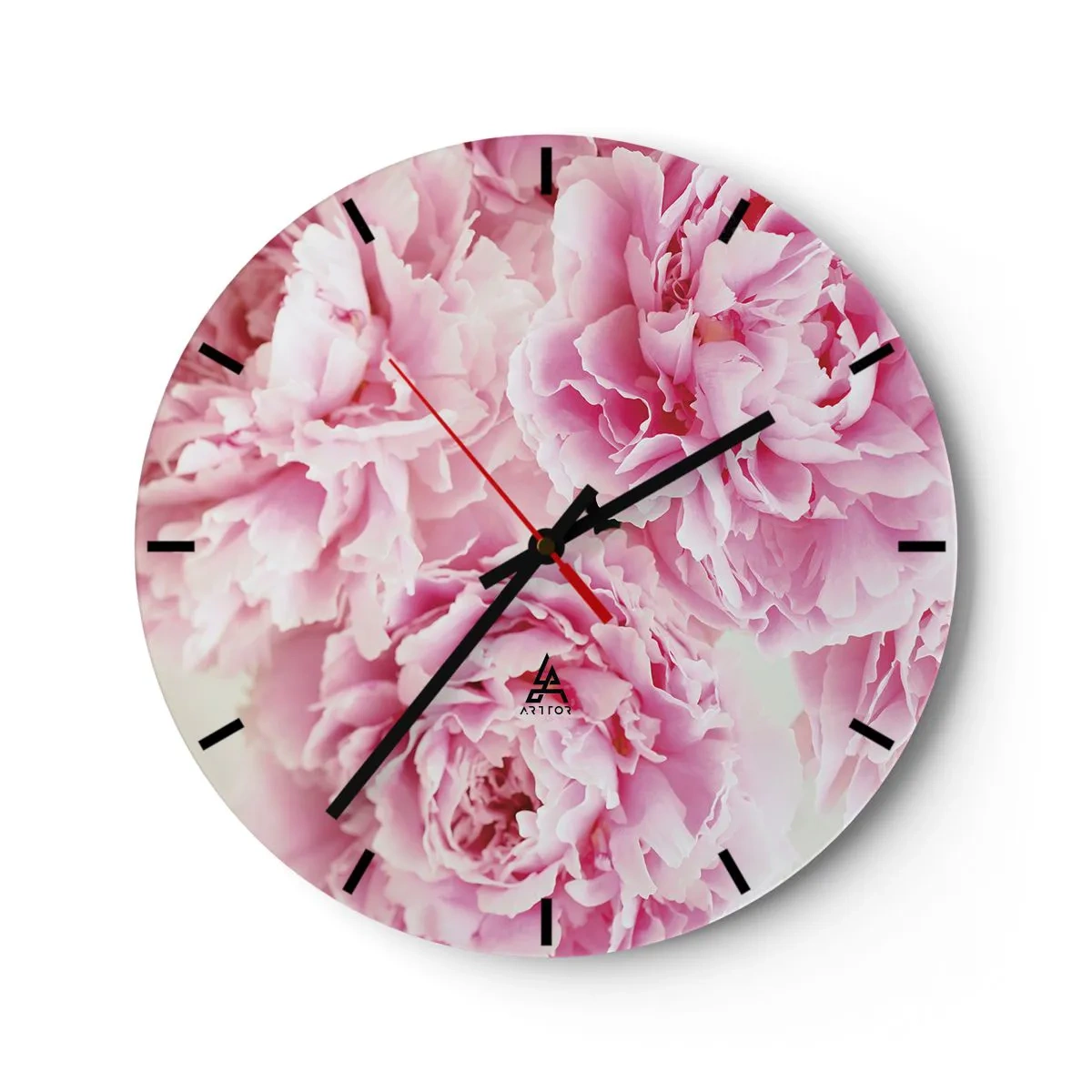 Ceas de perete - Ceas pe sticlă - Flori de bujor roz pe fundal alb - 30x30cm - În luxul roz - Decorațiune modernă pentru perete pentru living, bucătărie și dormitor ARTTOR