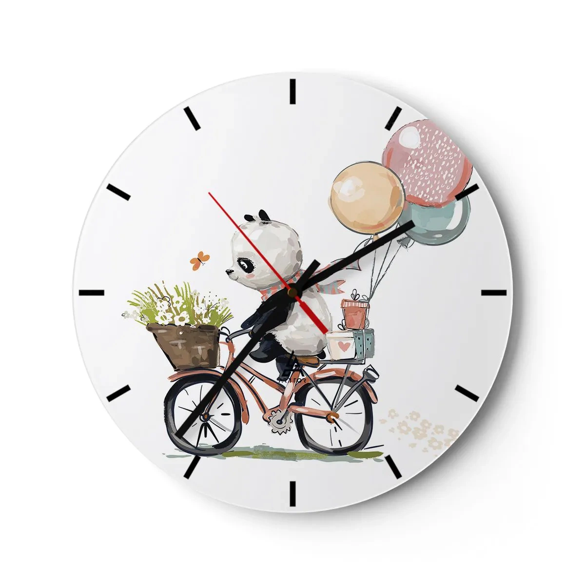 Ceas de perete - Ceas pe sticlă - Panda pe o bicicletă cu baloane și un coș plin cu flori - 30x30cm - O zi fericită - Decorațiune modernă pentru perete pentru living, bucătărie și dormitor ARTTOR