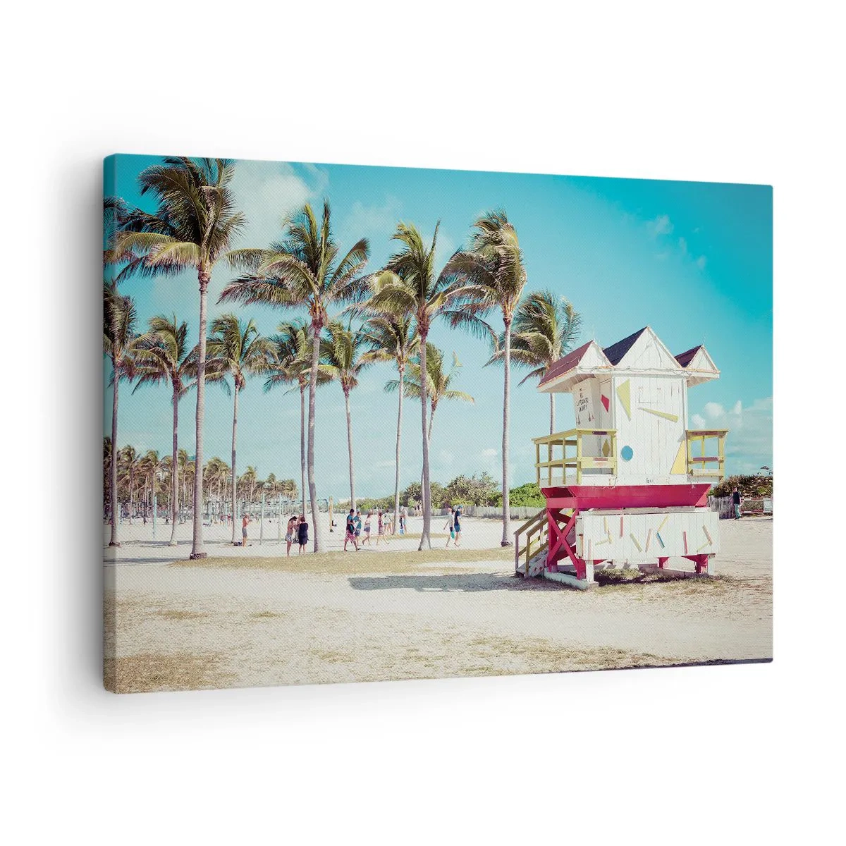 Tablou pe pânză Canvas - O plajă cu palmieri și un turn de salvamar în fundal - 70x50cm - O zi frumoasă te așteaptă - Decorațiune modernă pentru perete pentru living și dormitor ARTTOR