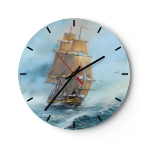 Ceas de perete - Ceas pe sticlă - O corabie cu pânze pe o mare furtunoasă într-un decor dinamic - 30x30cm - Rulează pe valuri - Decorațiune modernă pentru perete pentru living, bucătărie și dormitor ARTTOR